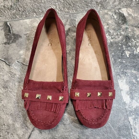 Vionic Orthaheel Thera Burgundy Wine Studded Stud Kiltie Fringe Moccasin Loafers - Picture 4 of 8